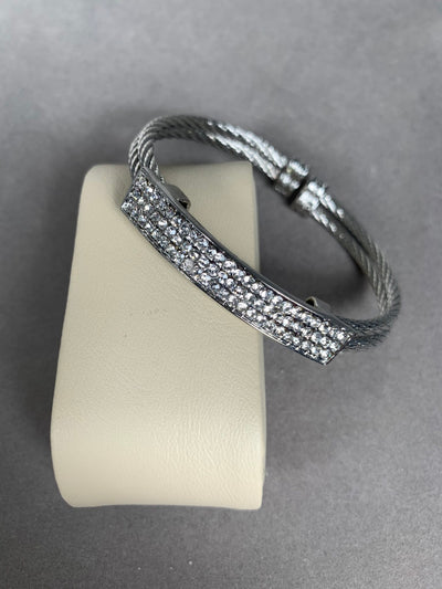 Silver Tone Double Wire & Clear Color Crystal Cuff Bangle