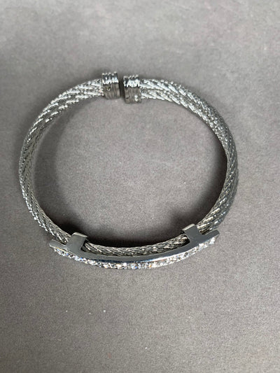Silver Tone Double Wire & Clear Color Crystal Cuff Bangle