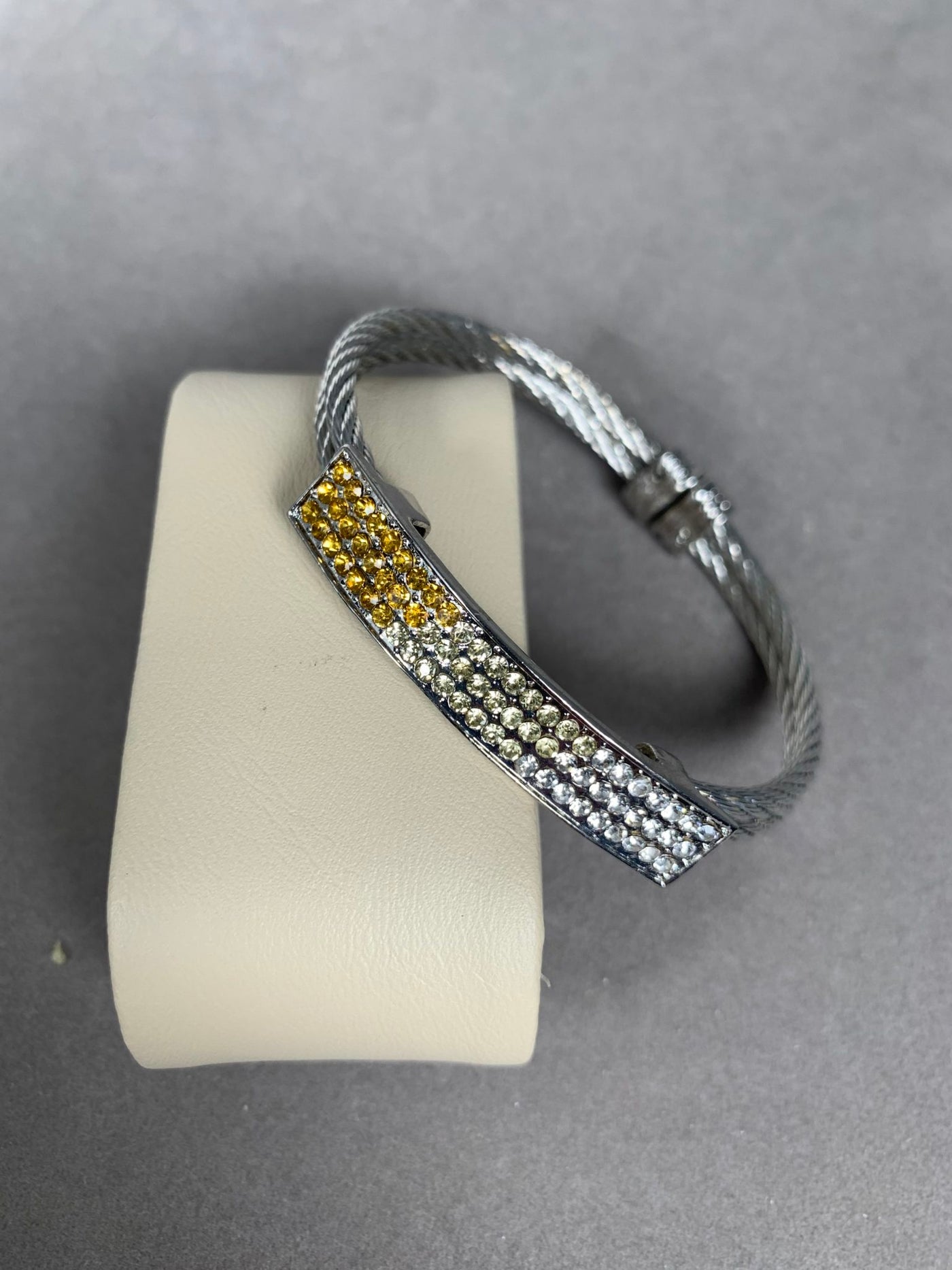 Silver Tone Double Wire & Yellow Crystal Cuff Bangle