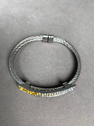 Silver Tone Double Wire & Yellow Crystal Cuff Bangle