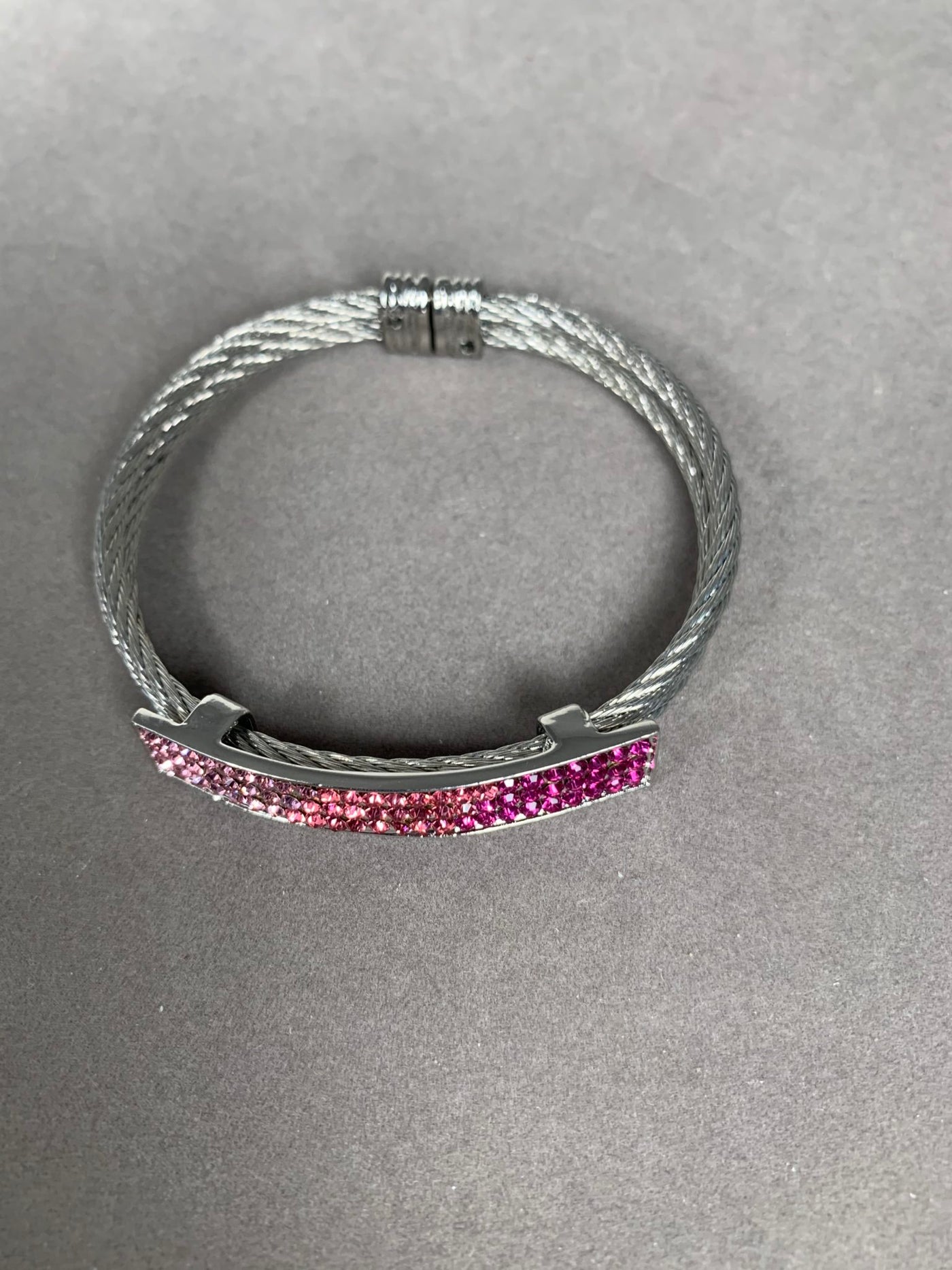 Silver Tone Double Wire & Pink Crystal Cuff Bangle