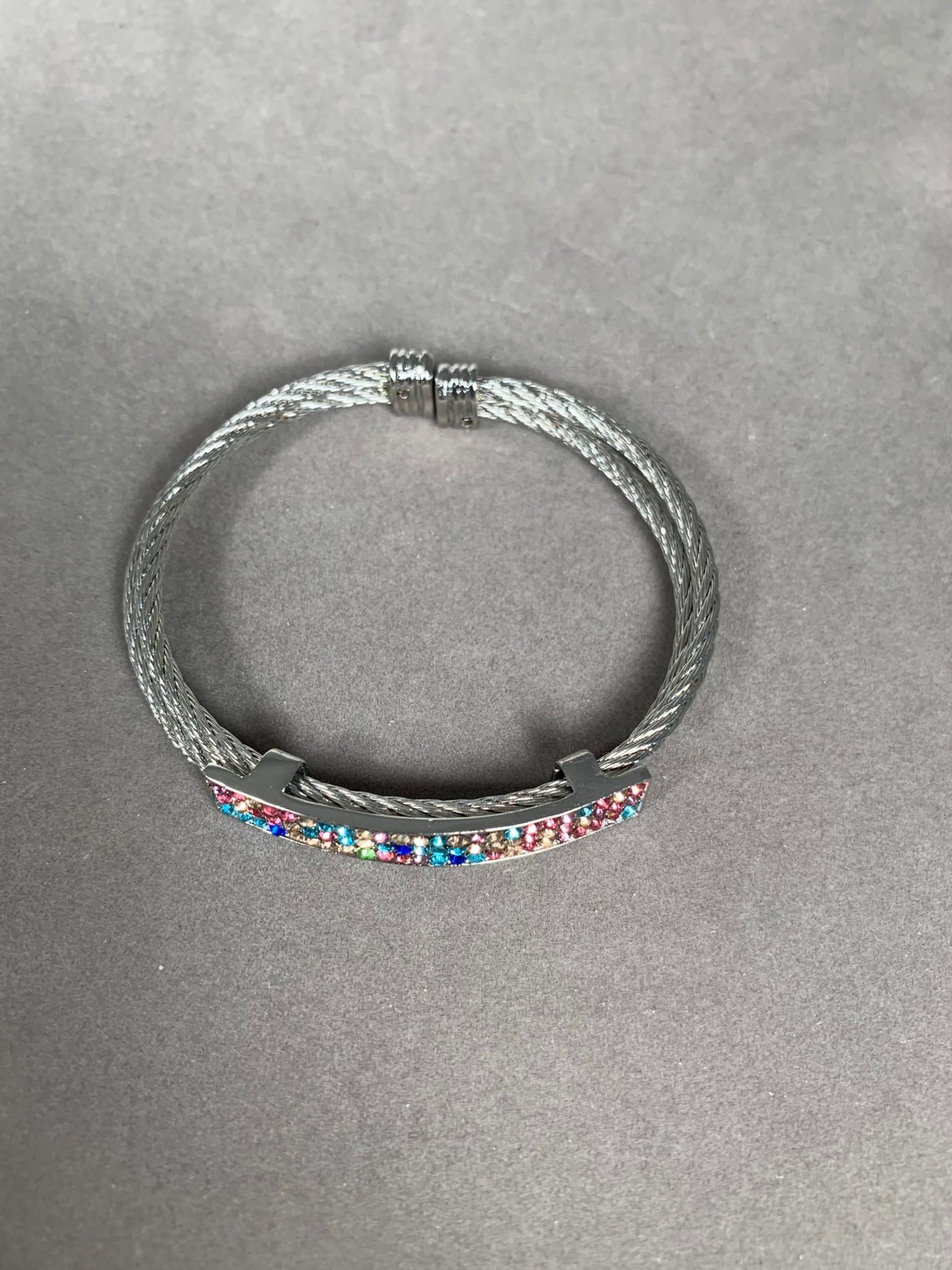 Silver Tone Double Wire & Rainbow Color Crystal Cuff Bangle