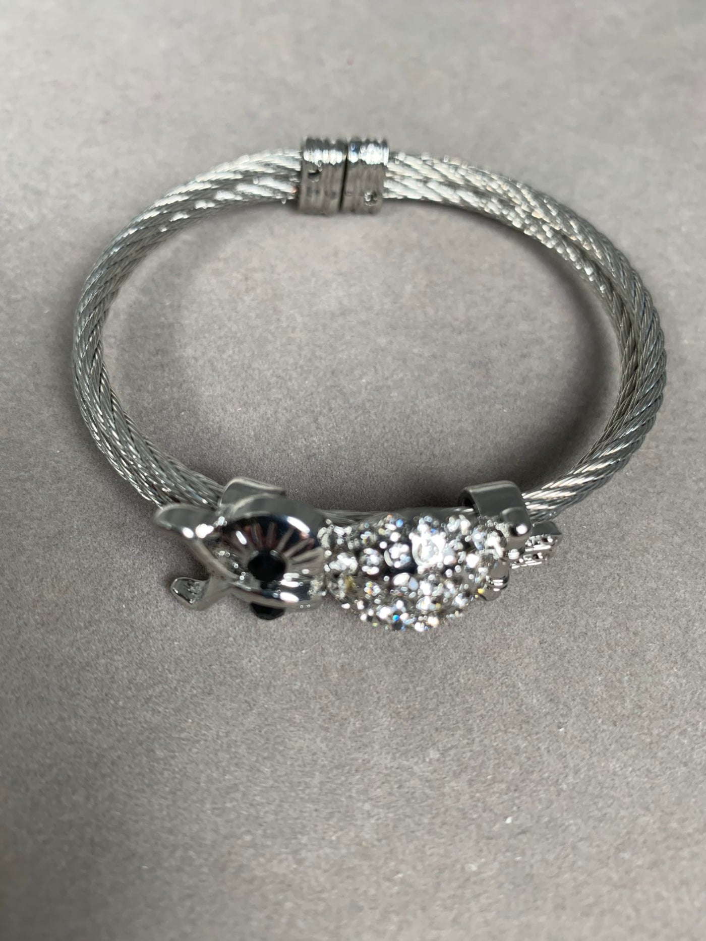 Silver Tone Double Wire Bangle Cuff Featuring Crystal Owl
