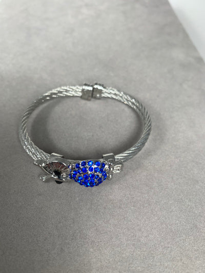 Silver Tone Double Wire Bangle Cuff Featuring Blue Crystal Owl