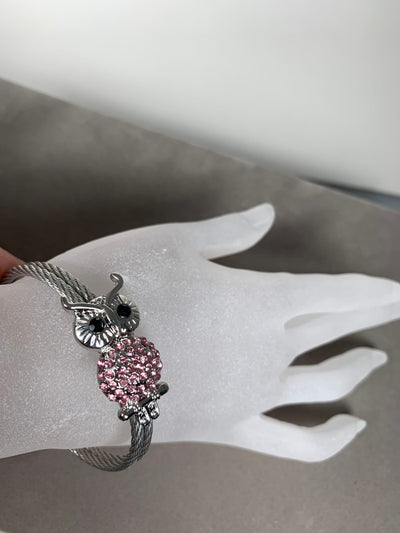 Silver Tone Double Wire Bangle Cuff Featuring a Pink Crystal Owl
