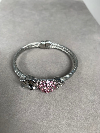 Silver Tone Double Wire Bangle Cuff Featuring a Pink Crystal Owl