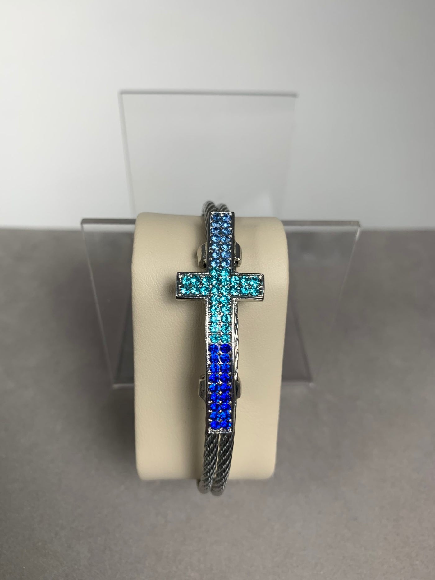Silver Tone Double Wire Bangle Cuff with a Blue Crystal Cross