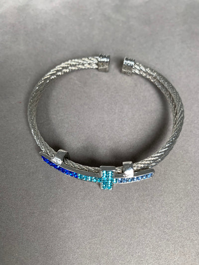 Silver Tone Double Wire Bangle Cuff with a Blue Crystal Cross