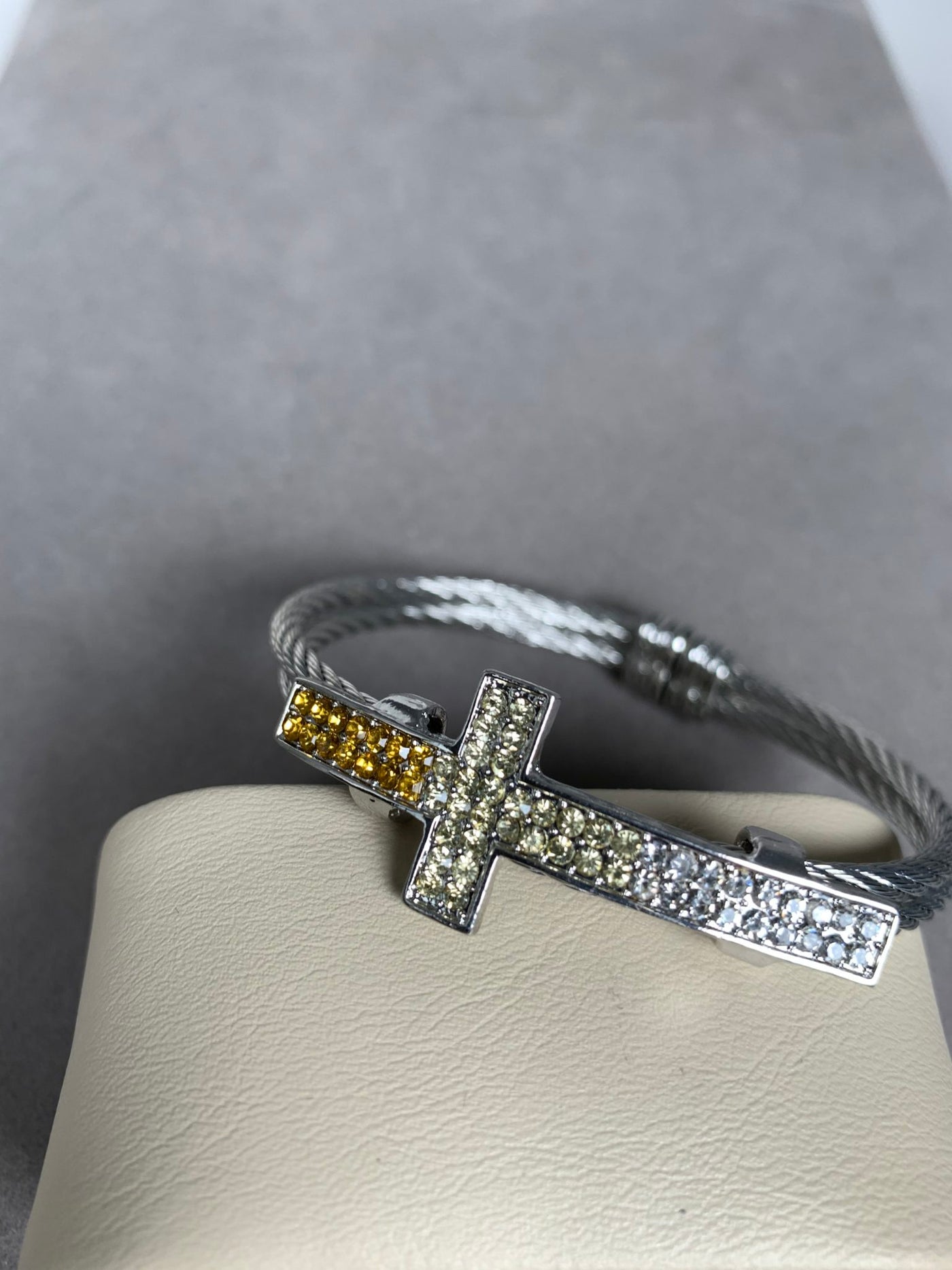 Silver Tone Double Wire Bangle Cuff with a Yellow Crystal Cross