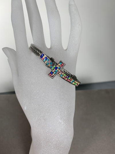 Silver Tone Double Wire Bangle Cuff with a Rainbow color Crystal Cross