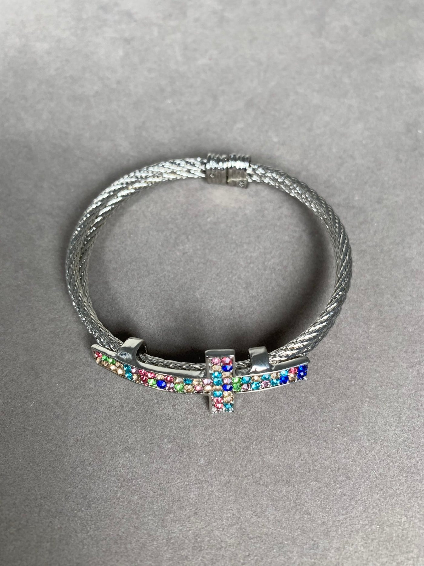 Silver Tone Double Wire Bangle Cuff with a Rainbow color Crystal Cross