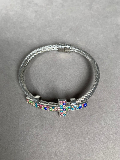 Silver Tone Double Wire Bangle Cuff with a Rainbow color Crystal Cross