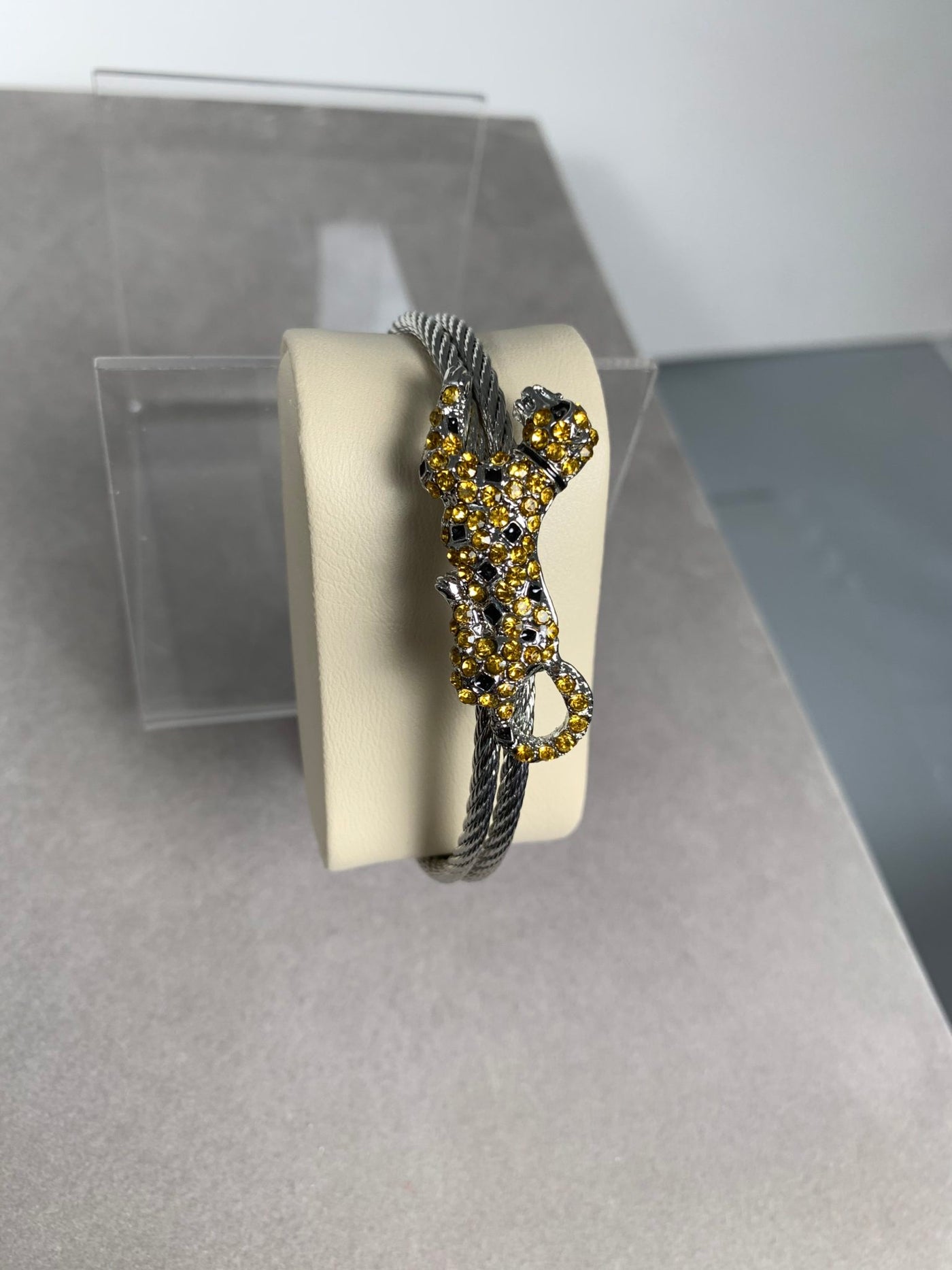 Silver Tone Double Wire Bangle Cuff with a Yellow Crystal Leopard