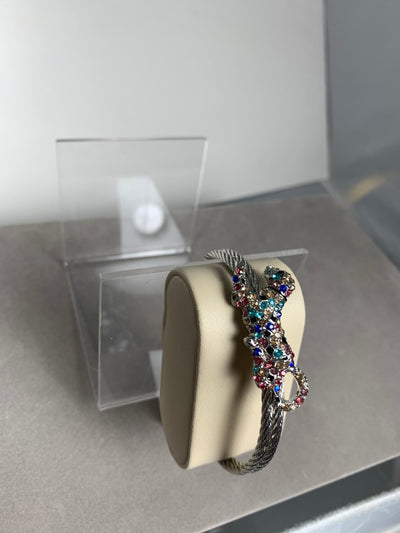Silver Tone Double Wire Bangle Cuff with a Rainbow Color Crystal Leopard