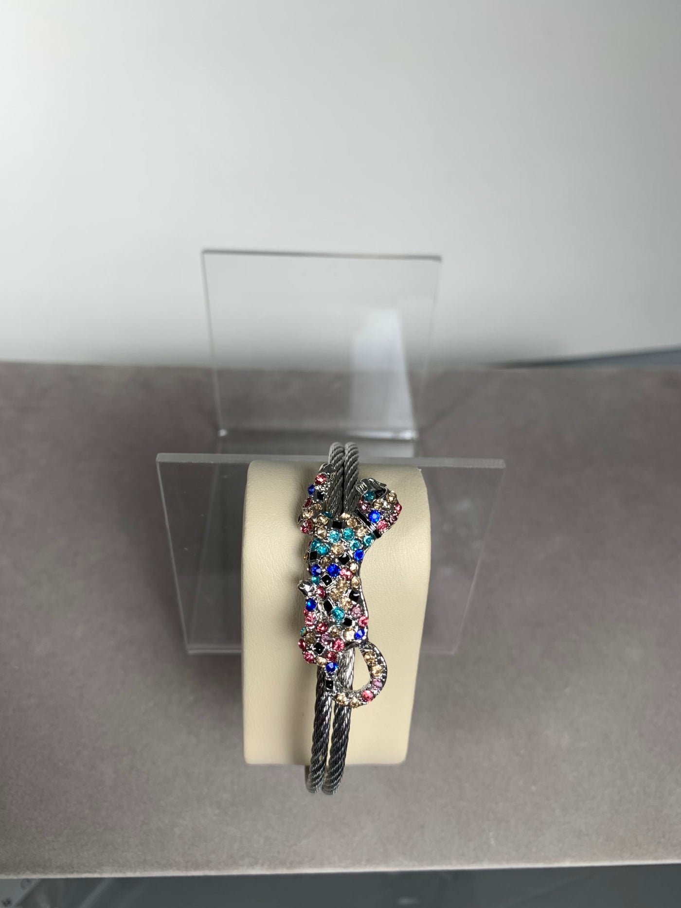 Silver Tone Double Wire Bangle Cuff with a Rainbow Color Crystal Leopard