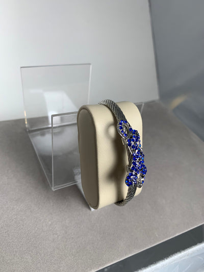 Silver Tone Double Wire Bangle Cuff with a Blue Color Crystal Leopard