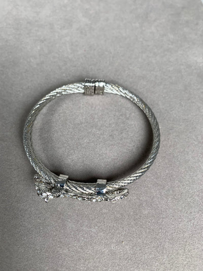 Silver Tone Double Wire Bangle Cuff with a Clear Color Crystal Leopard
