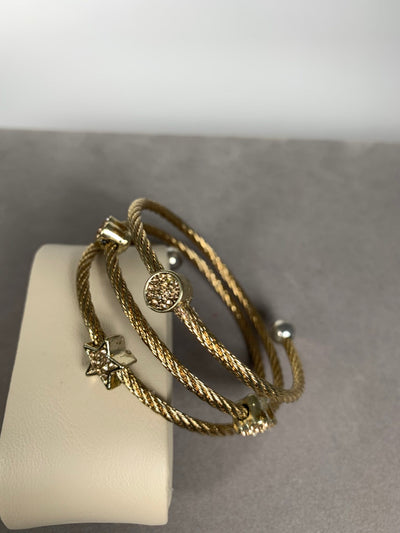 Gold Tone Spiral Wire Bangle Bracelet with Yellow Crystal Motifs