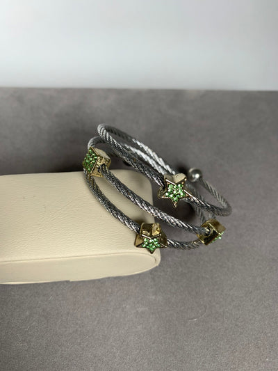 Silver Tone Spiral Wire Bangle Bracelet with Green Crystal Motifs