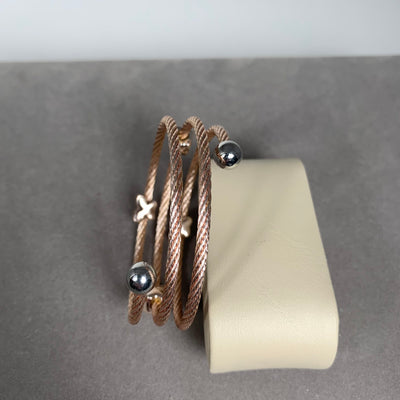 Rose Gold Tone Spiral Wire Bangle Bracelet with Clear Crystal Motifs