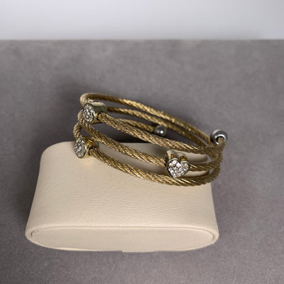 Gold Tone Spiral Wire Bangle Bracelet with Clear Crystal Motifs