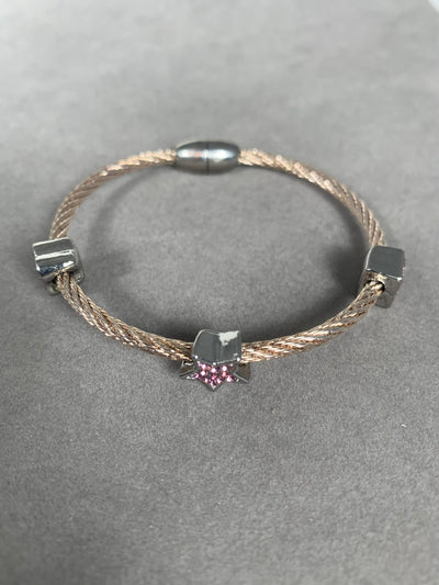 Rose Gold Tone Wire Bangle Bracelet with 3 Pink Crystal Motifs
