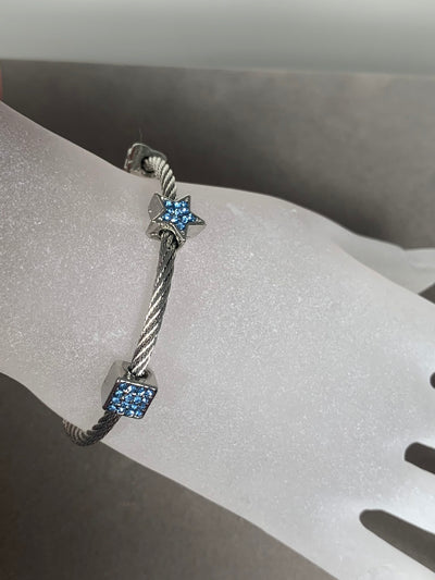 Silver Tone Wire Bangle Bracelet with 3 Blue Crystal Motifs