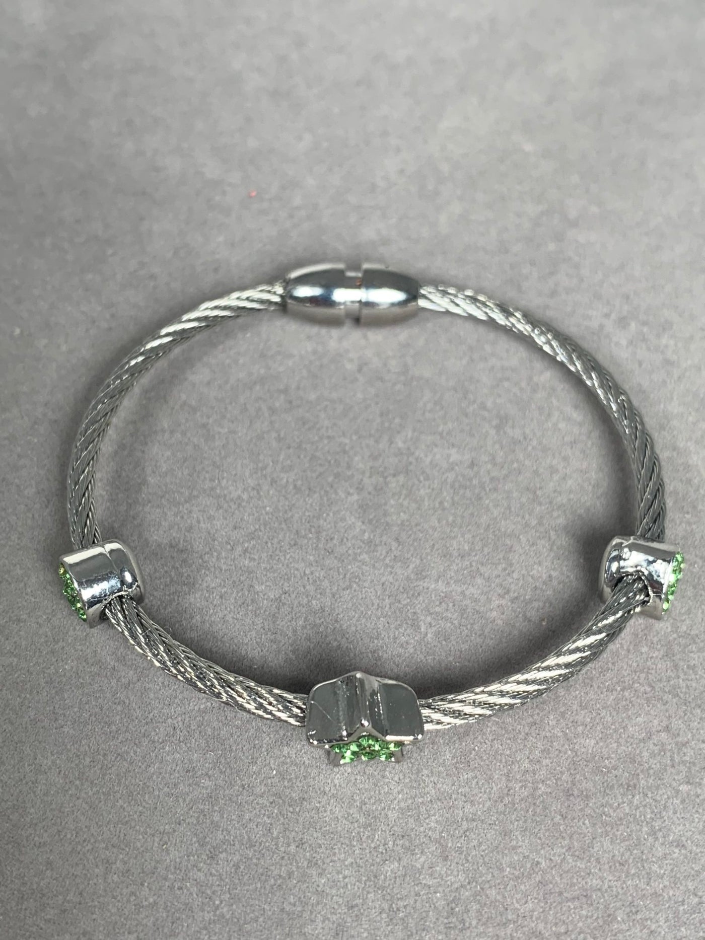 Silver Tone Wire Bangle Bracelet with 3 Green Pave Crystal Motifs