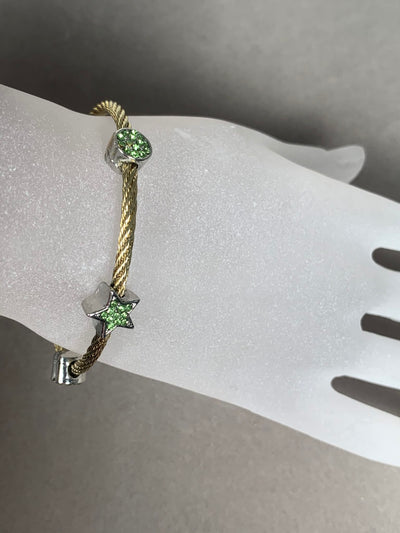 Yellow Gold Tone Wire Bangle Bracelet with 3 Green Pave Crystal Motifs