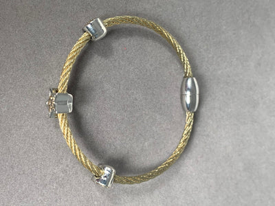 Yellow Gold Tone Wire Bangle Bracelet with 3 Yellow Pave Crystal Motifs