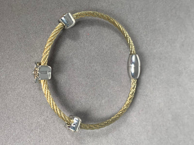 Yellow Gold Tone Wire Bangle Bracelet with 3 Pave Clear Crystal Square Motifs
