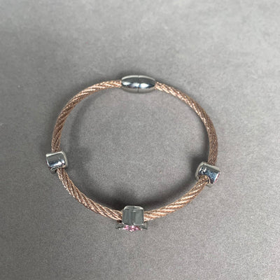 Rose Gold Tone Wire Bangle Bracelet with 3 Pave Pink Crystal Square Motifs