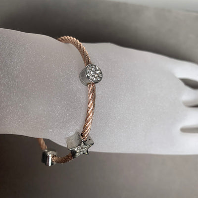 Rose Gold Tone Wire Bangle Bracelet with 3 Clear Pave Crystal Motifs