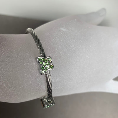 Silver Tone Wire Bangle Bracelet with 3 Green Pave Crystal Motifs