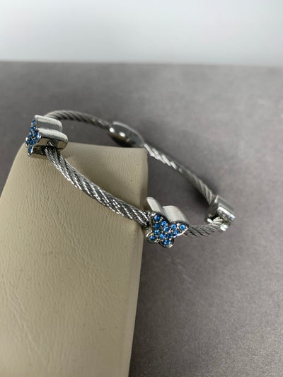 Silver Tone Wire Bangle Bracelet with 3 Blue Pave Crystal Motifs
