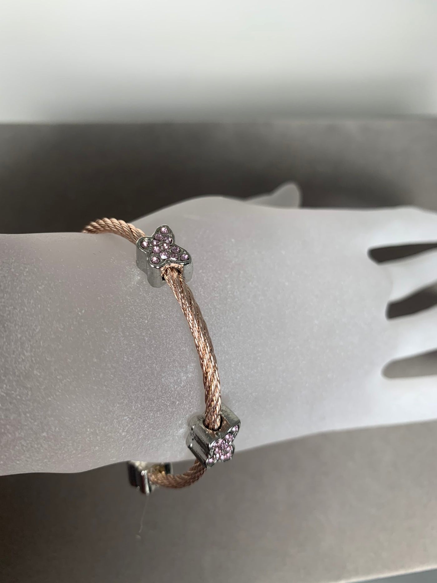 Rose Gold Tone Wire Bangle Bracelet with 3 Pink Pave Crystal Motifs