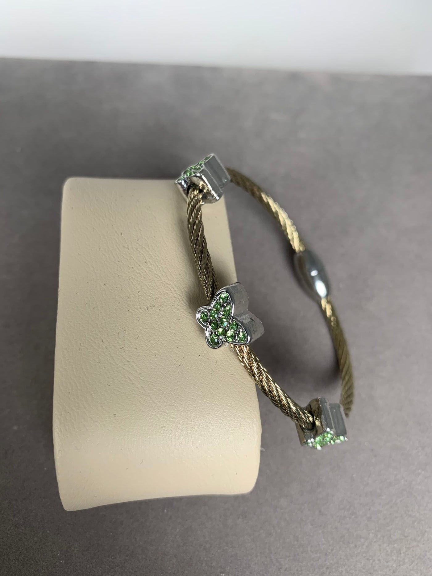 Yellow Gold Tone Wire Bangle Bracelet with 3 Green Pave Crystal Motifs