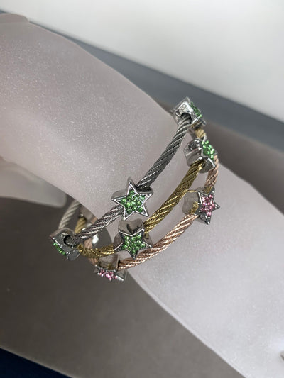 Yellow Gold Tone Wire Bangle Bracelet wth 3 Pave Green Crystal Star Motifs