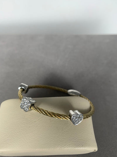 Yellow Gold Tone Wire Bangle Bracelet with 3 Pave Clear Crystal Motifs