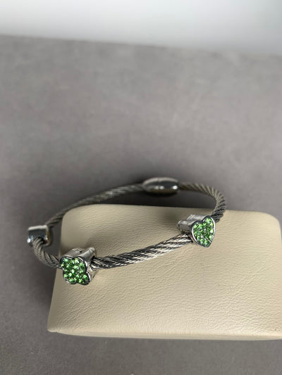 Silver Tone Wire Bangle Bracelet with 3 Pave Green Crystal Motifs