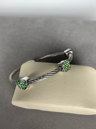 Silver Tone Wire Bangle Bracelet with 3 Pave Green Crystal Motifs