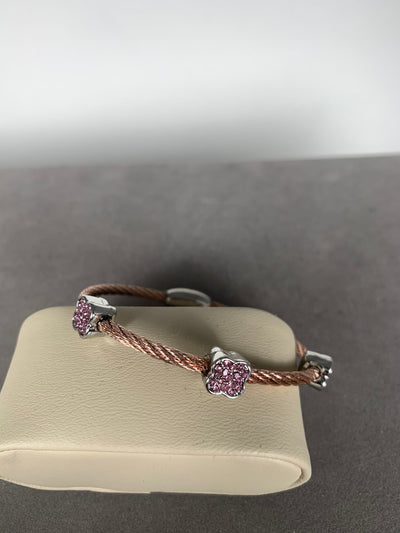 Rose Gold Tone Wire Bangle Bracelet with 3 Pave Pink Crystal Motifs