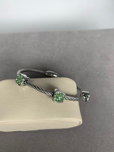 Silver Tone Wire Bangle Bracelet with 3 Pave Green Crystal Motifs