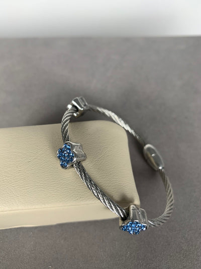 Silver Tone Wire Bangle Bracelet with 3 Pave Blue Crystal Motifs