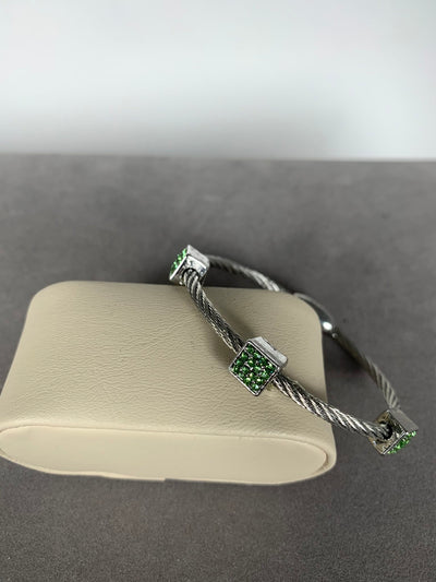 Silver Tone Wire Bangle Bracelet with 3 Pave Green Crystal Square Motifs (Copy)