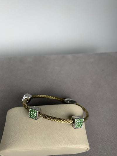 Yellow Gold Tone Wire Bangle Bracelet with 3 Pave Green Crystal Square Motifs