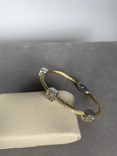 Yellow Gold Tone Wire Bangle Bracelet with 3 Pave Yellow Crystal Square Motifs