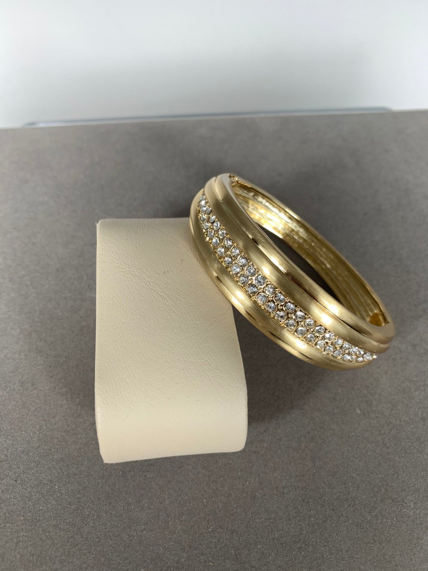 Brushed Yellow Gold Tone Bangle with 2-line Crystal Accent