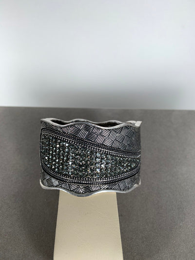 Wide Bangle with Gray Crystal Accent in Silver Tone