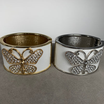 Butterfly White Faux Leather Bangle in Gold Tone